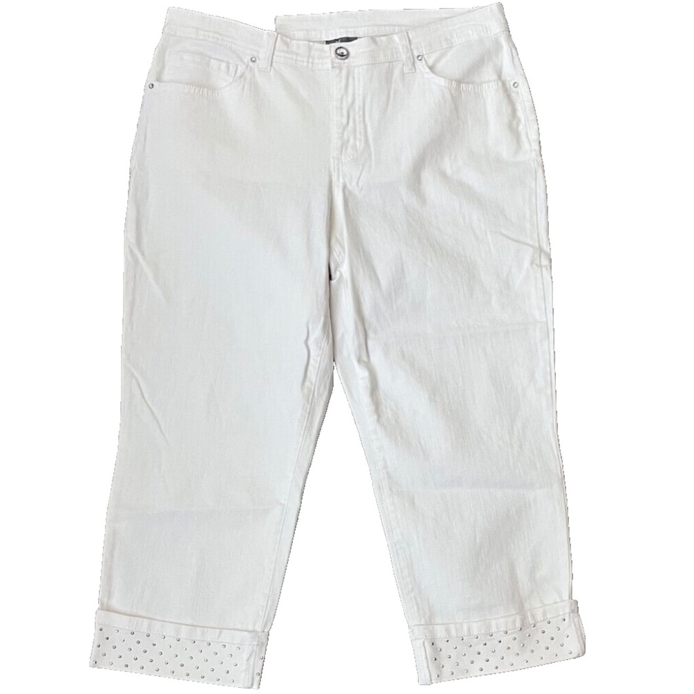 NEW JM Collection Women's White Curvy Fit Embellished Cuffed Jean Capri Size 14